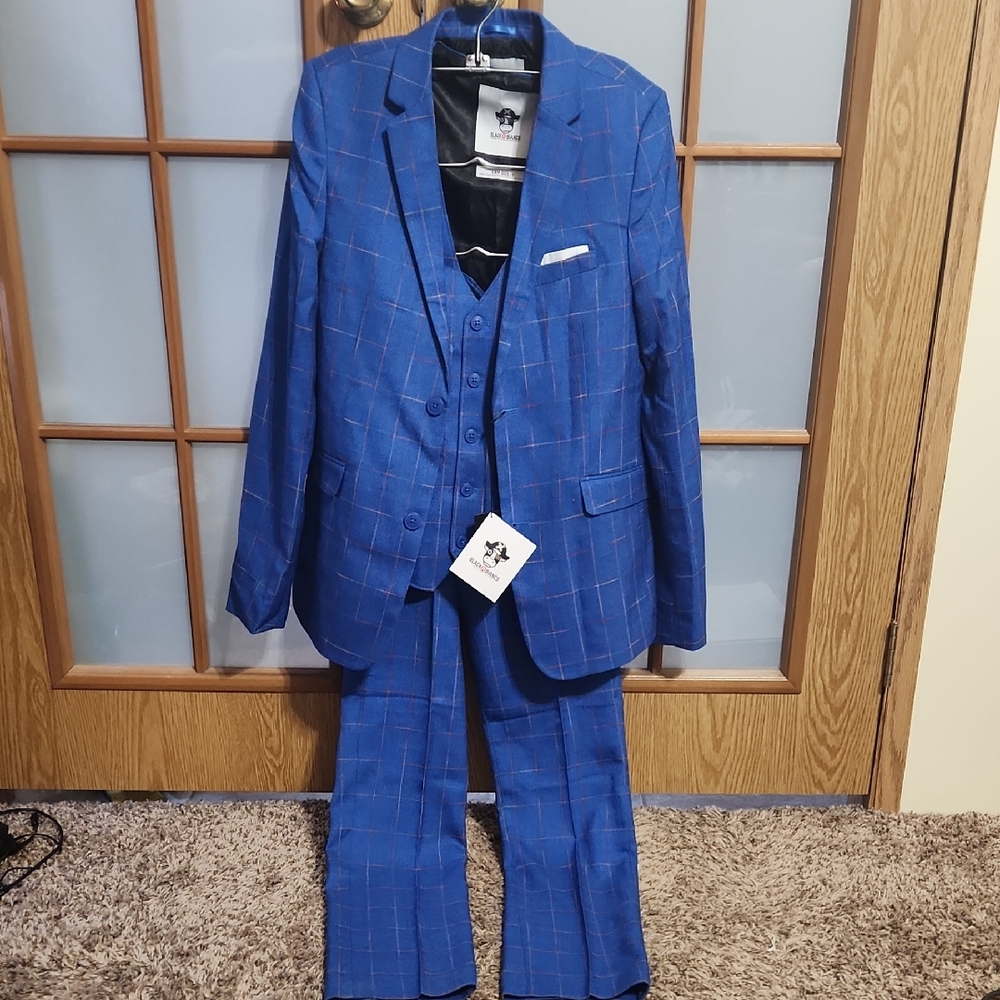 Black N Bianco Boys Slim Fit Three Piece Suit Multicolor Windowpane Navy Blue